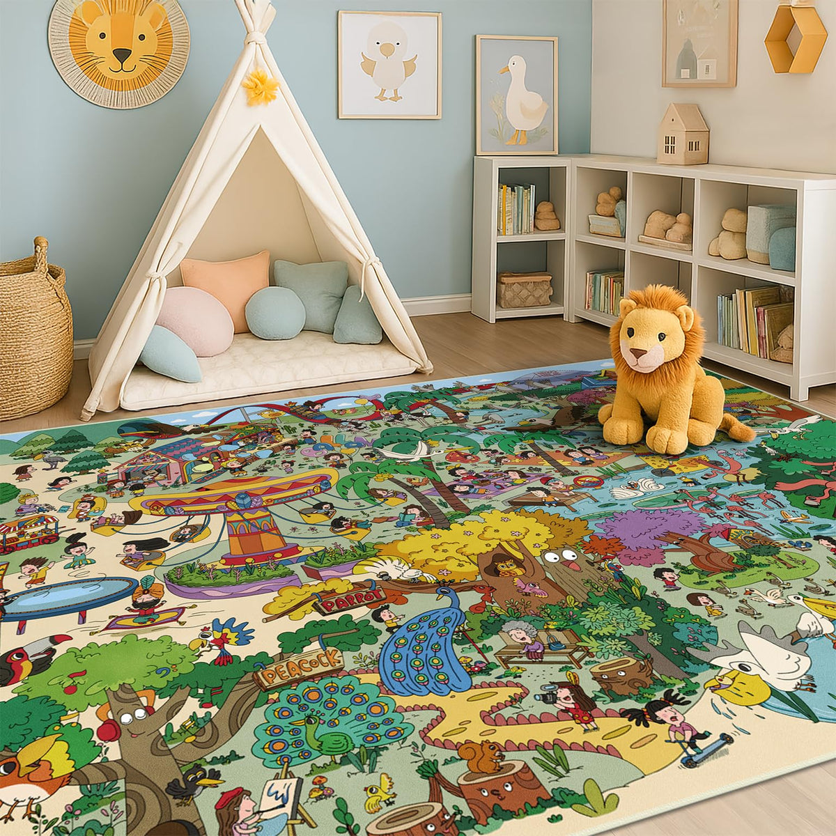 Hazo Haus Washable Kids Playroom Rug – 5x7 Play Rug for Preschool Toddlers, Girls, Educational with Cute Animals – Non-Slip, Stain Resistant, Soft & Safe for Bedroom, Play Room and Classroom - Blue