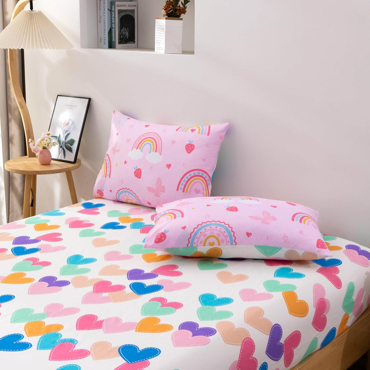 Btargot 5 Piece Full Size Pink Rainbow Comforter Set for Girls Boys Kids, Cartoon Cartoon Butterfly Bedding Set, Bed in a Bag with Comforter, Sheets and Pillowcases
