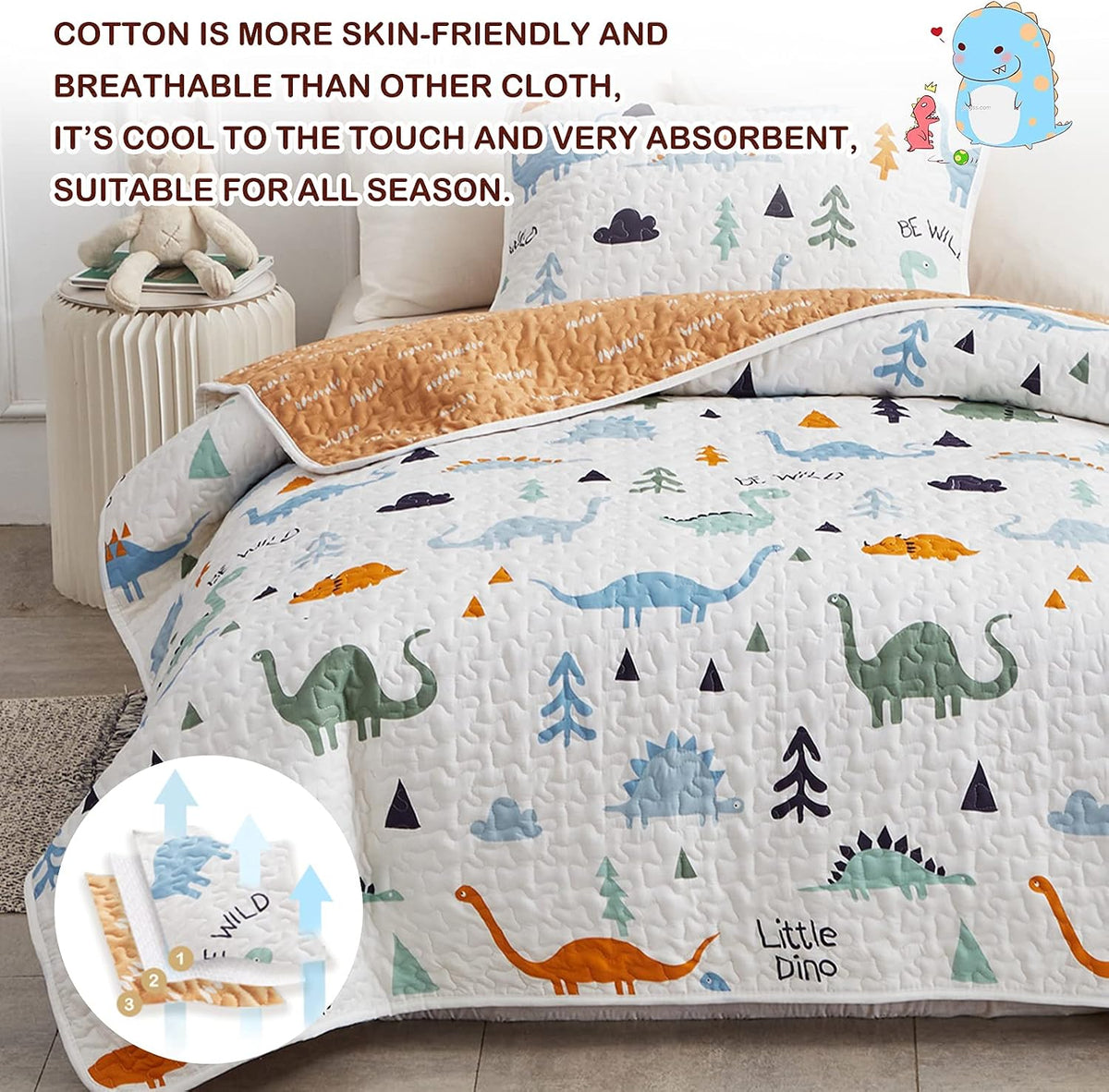 Joyreap 3-Piece Cotton Quilt Set Full/Queen, Cute Dinosaur Reversible Design for Kids Boys n Girls, Breathable Quilt Bedspread Bed Cover for All Season, 1 Quilt and 2 Pillow Shams- 90x90 inches