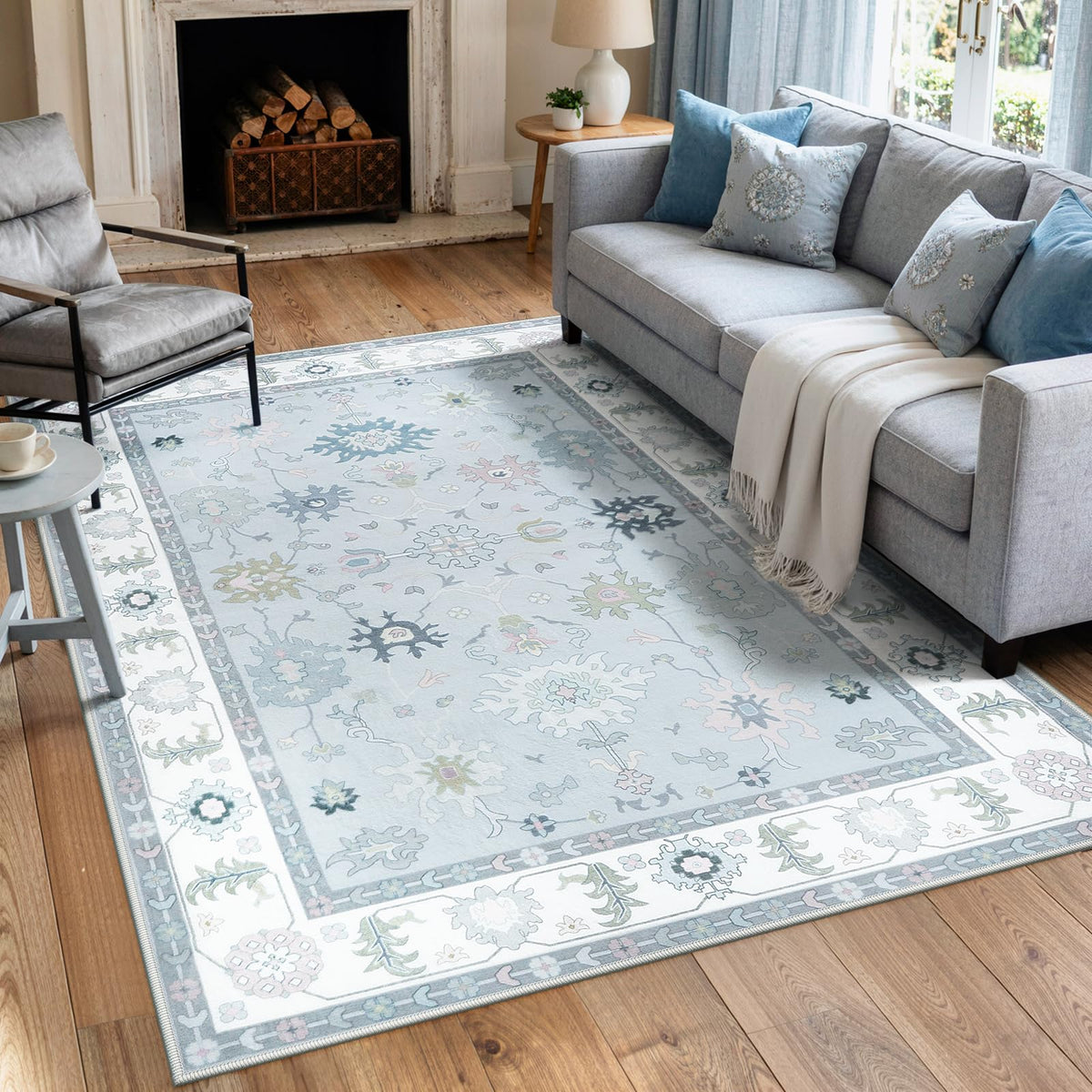 LIVEBOX Washable Oushak Rug Non Slip 8 x 10 Rugs for Living Room, Soft Turkish Rug for Bedroom, Boho Floral Mat Large Indoor Carprt for Kids Nursery, Dining Room, Home Office, Blue