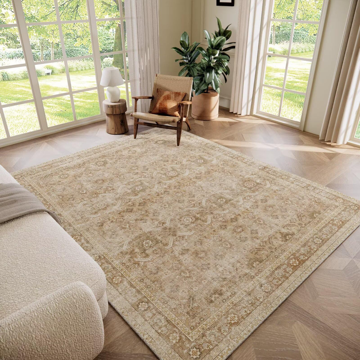 Washable 10x14 Area Rugs for Living Room, Ivory/Sage Gold