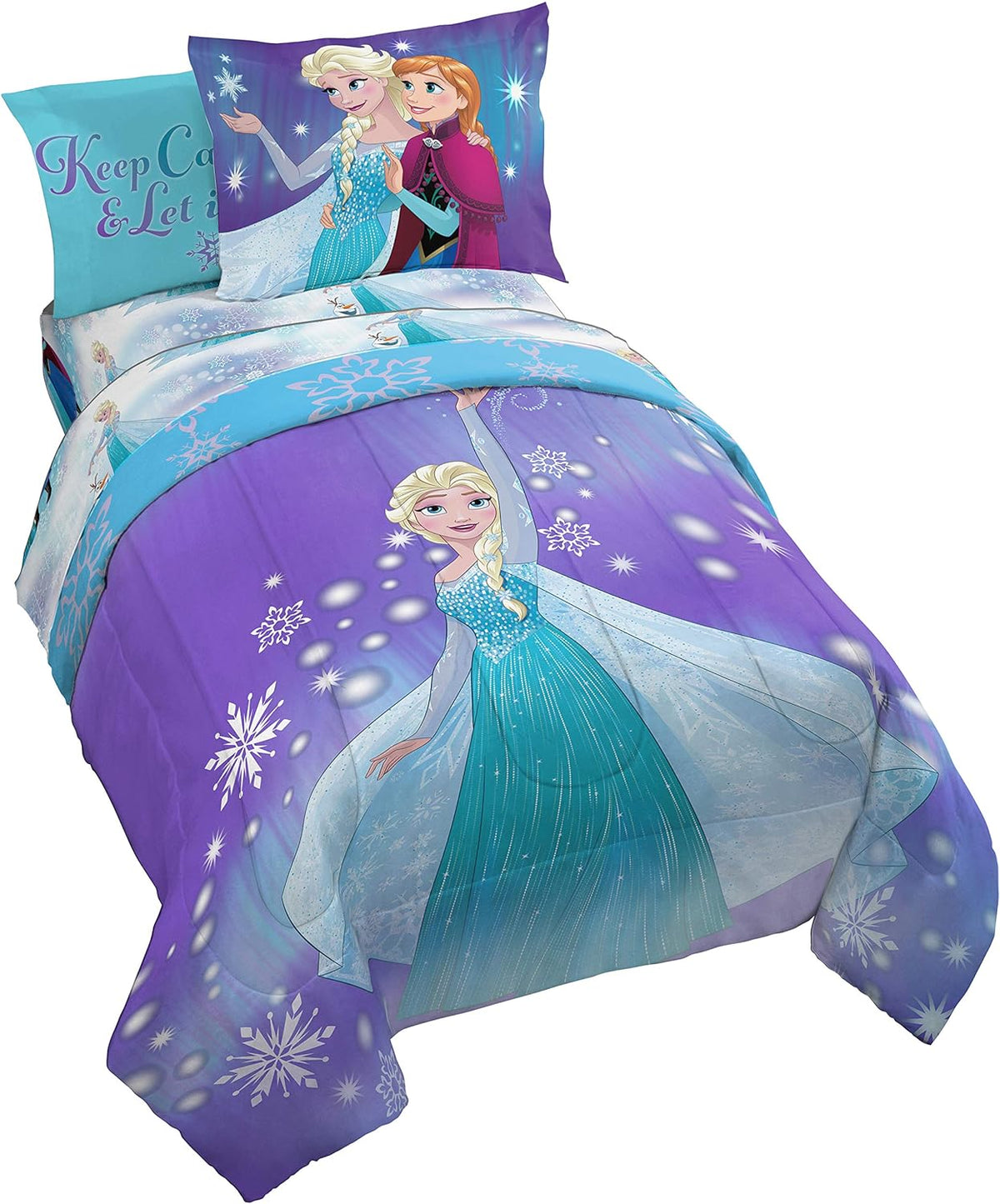 Disney Frozen Kids Full Comforter Set 7 Piece Bed in a Bag, Purple