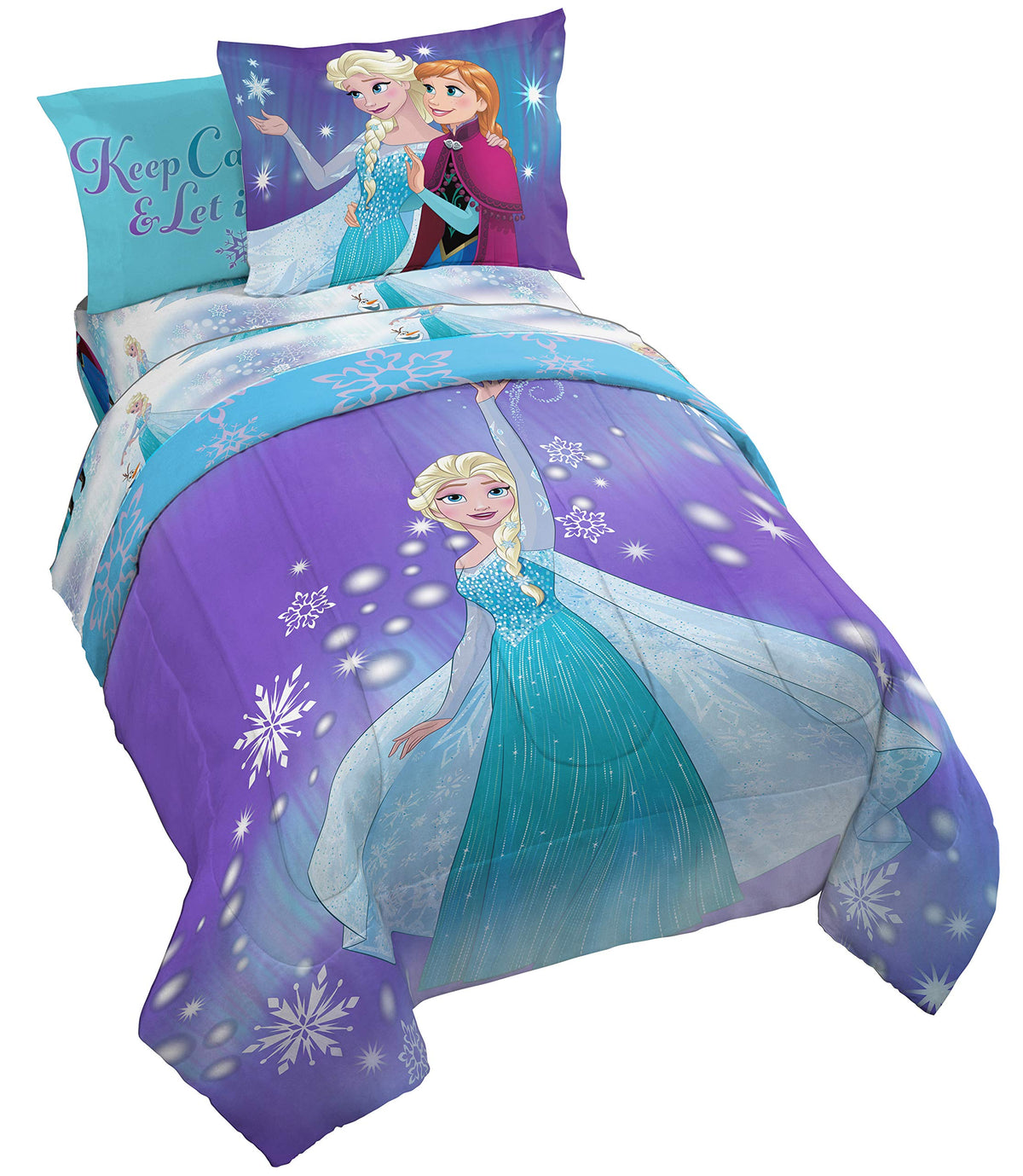 Disney Frozen Kids Full Comforter Set 7 Piece Bed in a Bag, Purple