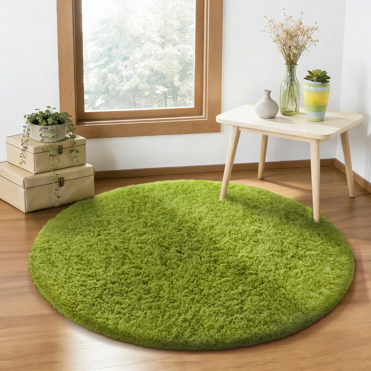 Ophanie Round Rugs 5Ft Ivory Circle Area Rug,Baby Nursery Living Room Bedroom Decor Circular Carpet 5 Foot,Fluffy Fuzzy Shag Plush Cream for Kids Boys Girls Teen with Over 99 pcs Pile fibers