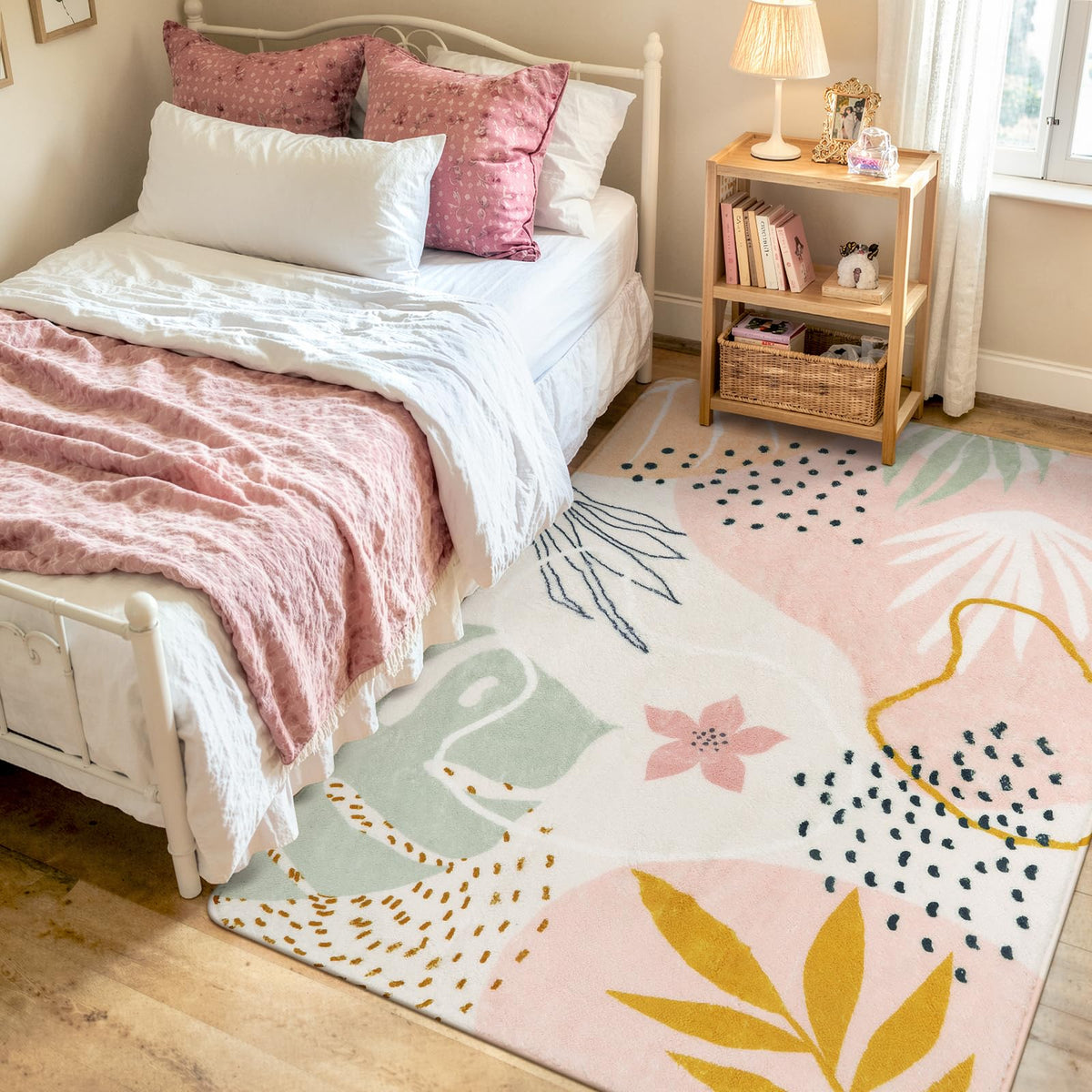 Lahome Pink Boho Nursery Rug 4x6, Washable Non Slip Soft Botanical Area Rug for Girls Bedroom Kids Room Playroom Dorm Apartment Decor