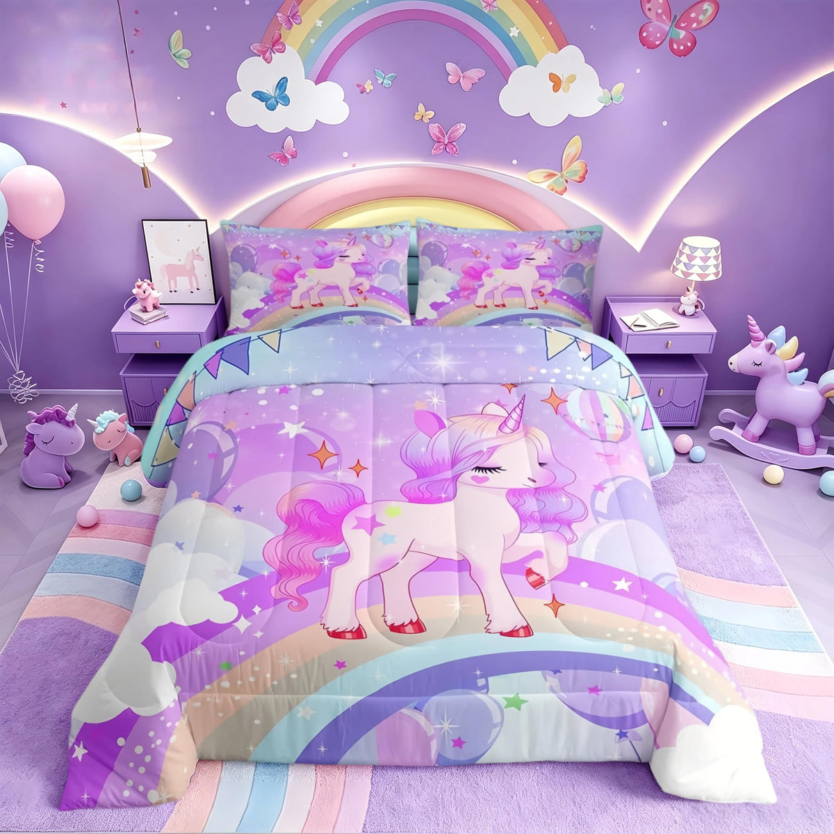Feelyou Unicorn Girls Bedding Set Twin Rainbow Kids Pink Unicorn Comforter Set Kawaii Cute Reversible Stars Duvet Quilt Teens Children Adults Cartoon Unicorn Room Decor All Season