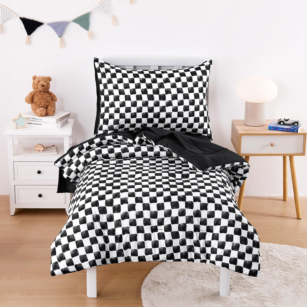 Wake In Cloud - Toddler Bedding Set for Boys Girls, Cute Gingham Grid Checkered, 4 Pieces Soft Crib Bed Set Including Comforter, Sheets and Pillowcase, Brown White