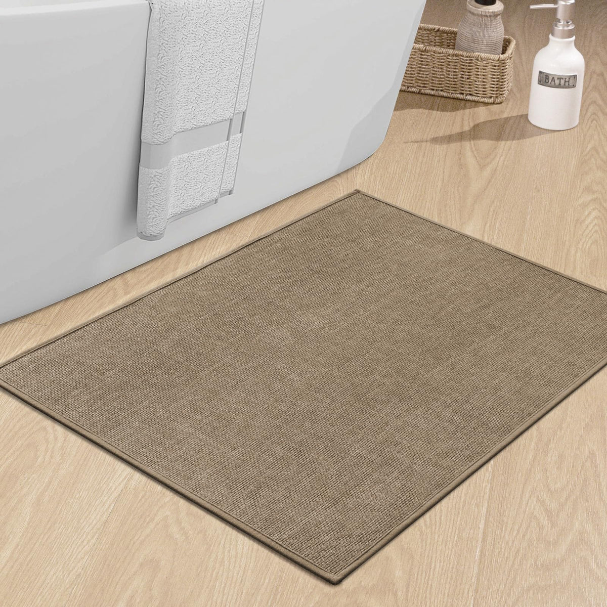 chakme Bathroom Rugs Mat 24x17, Ultra Thin Non Slip Bath Mat Small Quick Dry Absorbent Bath Mat for Bathroom Floor, (Dark Beige, 24"x17")