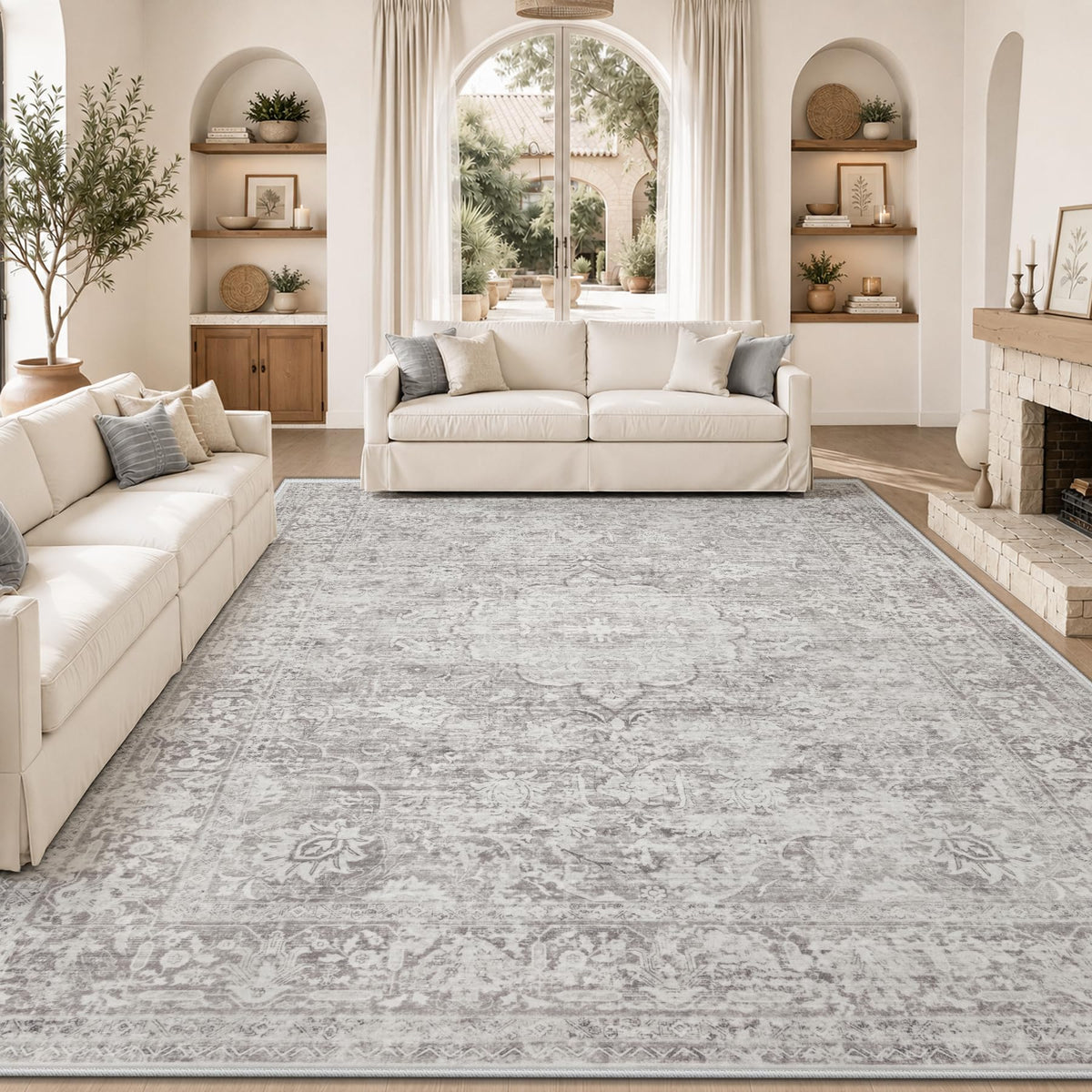 5x7 Area Rugs for Living Room: Washable Boho Vintage Floral Rug Soft Non-Slip Rugs Stain Resistant Low Pile Indoor Carpet for Bedroom Dining Room Nursery Playroom Beige