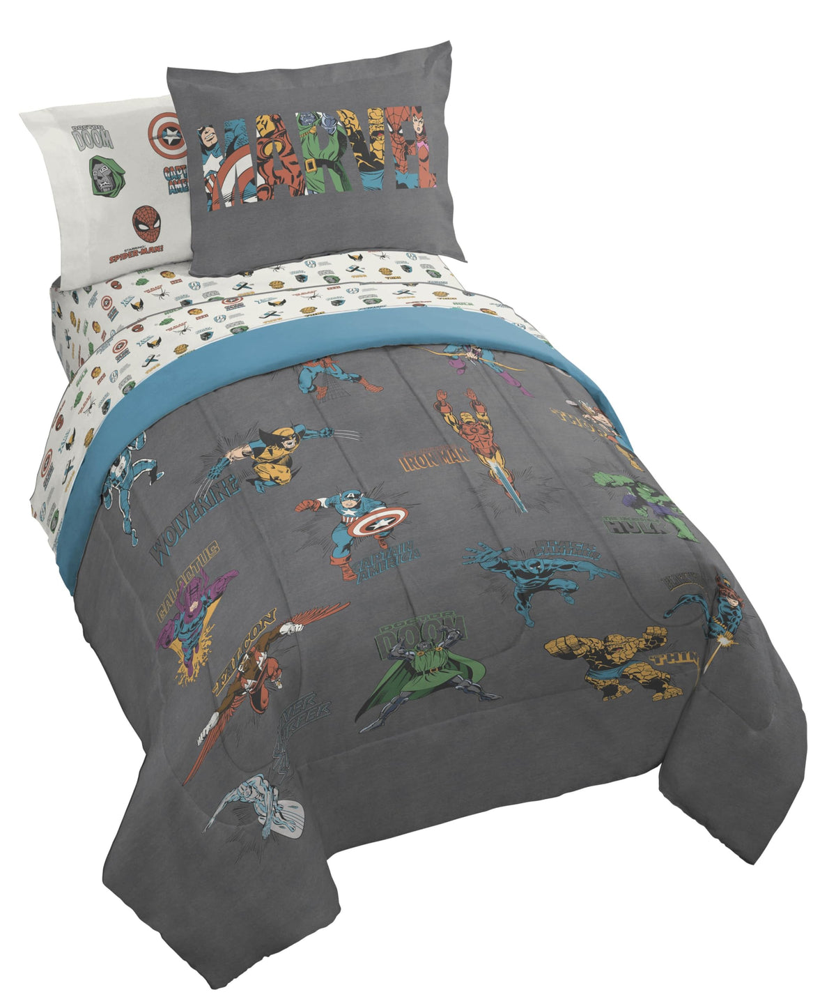 Marvel Spiderman Full Comforter Set 7 Piece Bedding for Boys, Blue