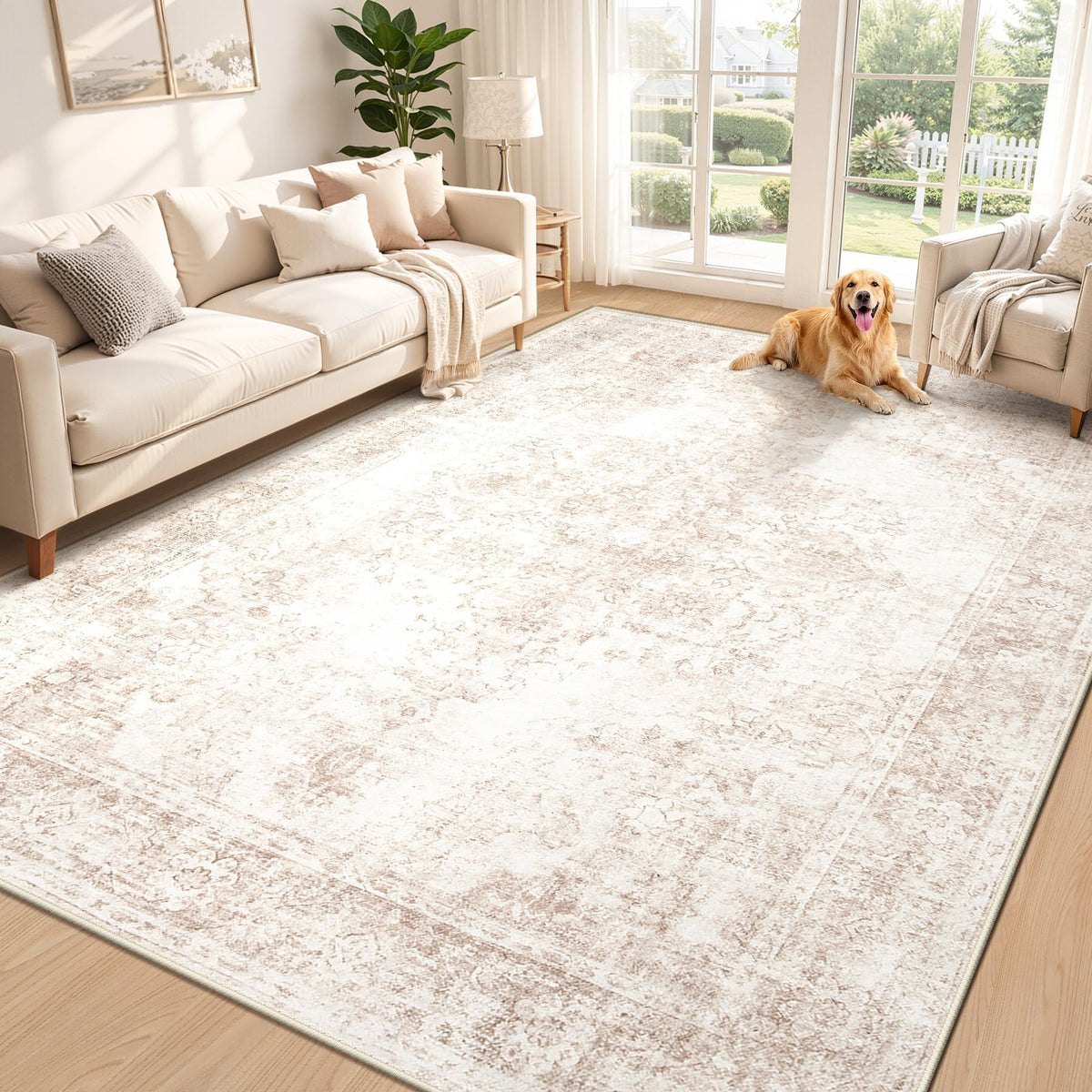 Area Rug 5x7 Vintage Rug: Washable Indoor Medallion Rugs Low Pile Distressed Floor Carpet Retro Accent Rug for Living Room Bedroom Kitchen Dining Table Home Office(Beige, 5'x7')