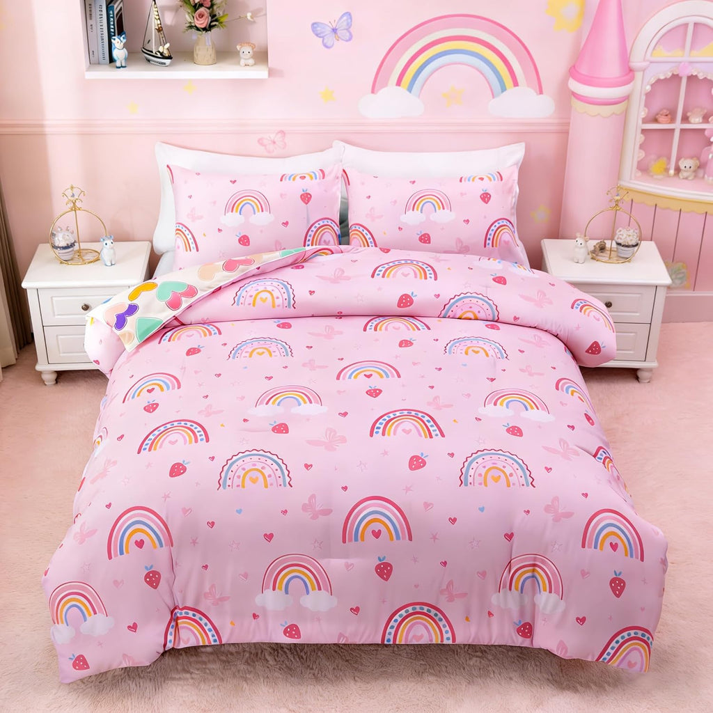 Btargot 5 Piece Full Size Pink Rainbow Comforter Set for Girls Boys Kids, Cartoon Cartoon Butterfly Bedding Set, Bed in a Bag with Comforter, Sheets and Pillowcases