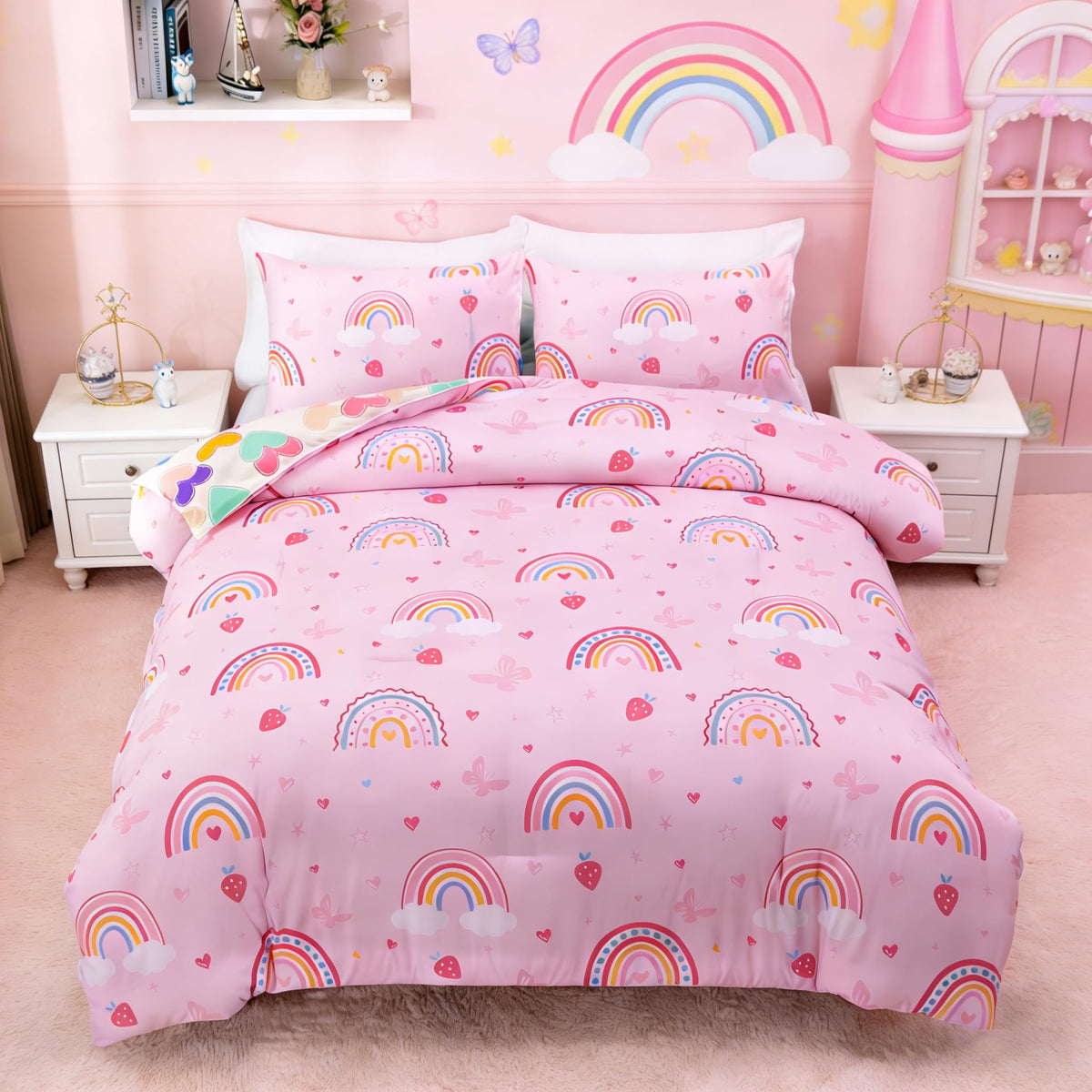 Btargot Lightweight Soft 3 Piece Rainbow Comforter Set with 2 Pillow Covers, Cartoon Love Hearts Flowers and Grass Bedding Set for Girls Boys Kids, Full Multi-Color