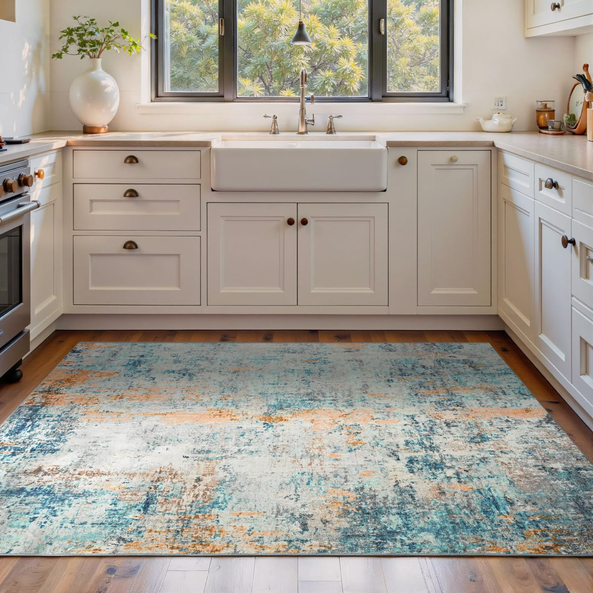 Living Room Rug 5x7 Gray Area Rug Machine Washable Boho Rug Non Slip Abstract Vintage Indoor Large Rugs for Bedroom, Classroom, College Dorm, Farmhouse, Dining Room, Kids Playroom