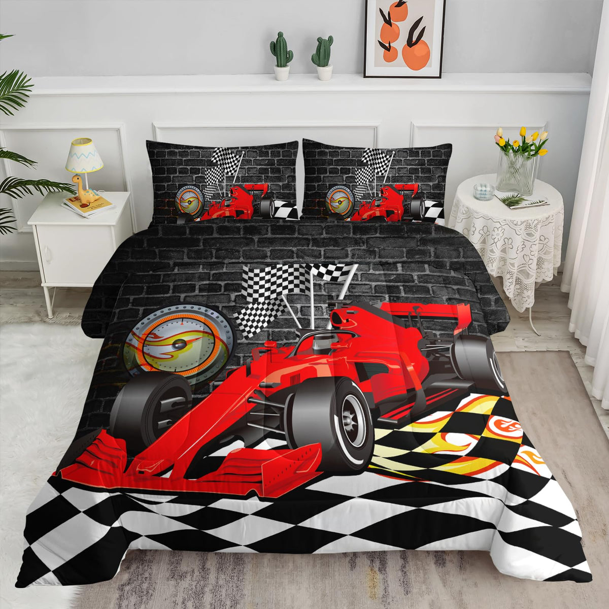 Axolotl Kid Comforter Set Twin Size,Racing Car Bedding Set for Boys Girls Teen Kids Children Racing Gifts,Race Cars Quilt Bed Set with 1 Comforter 2 Pillowcases,Red Grey