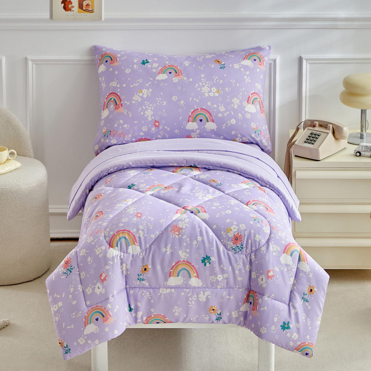DuShow Floral 4 Piece Girls Toddler Bed Comforter Set Pink Flower Reversible Toddler Bedding Set Soft Baby Crib Bed Sheets Set in a Bag | Include Quilt Comforter,Flat Sheet,Fitted Sheet,Pillowcase