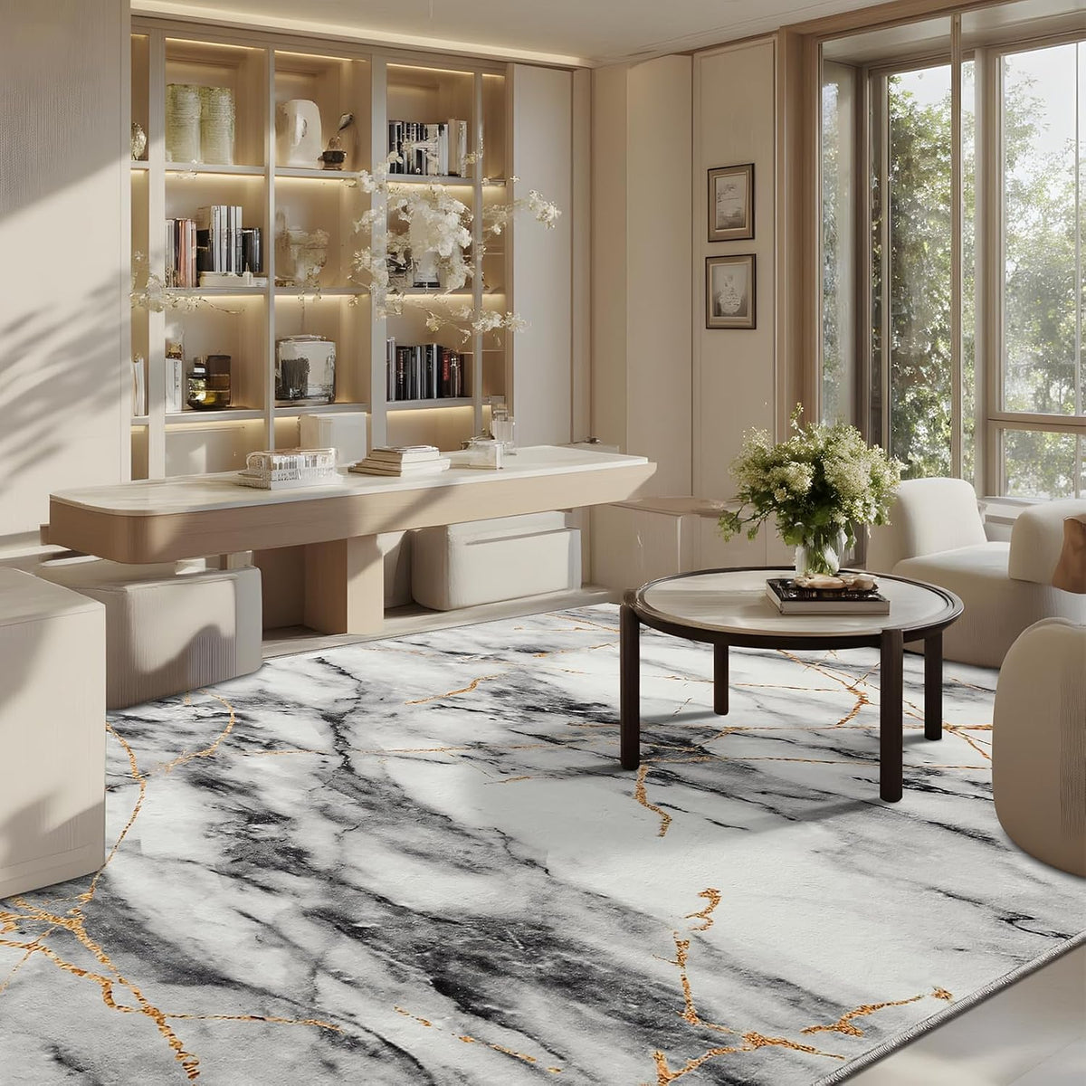 CRYPTOLITE Abstract Area Rug Washable Rug with Non-Slip Backing Low Pile Area Rugs for Living Room,Bedroom,Dining Room,4x6, Gold&Grey