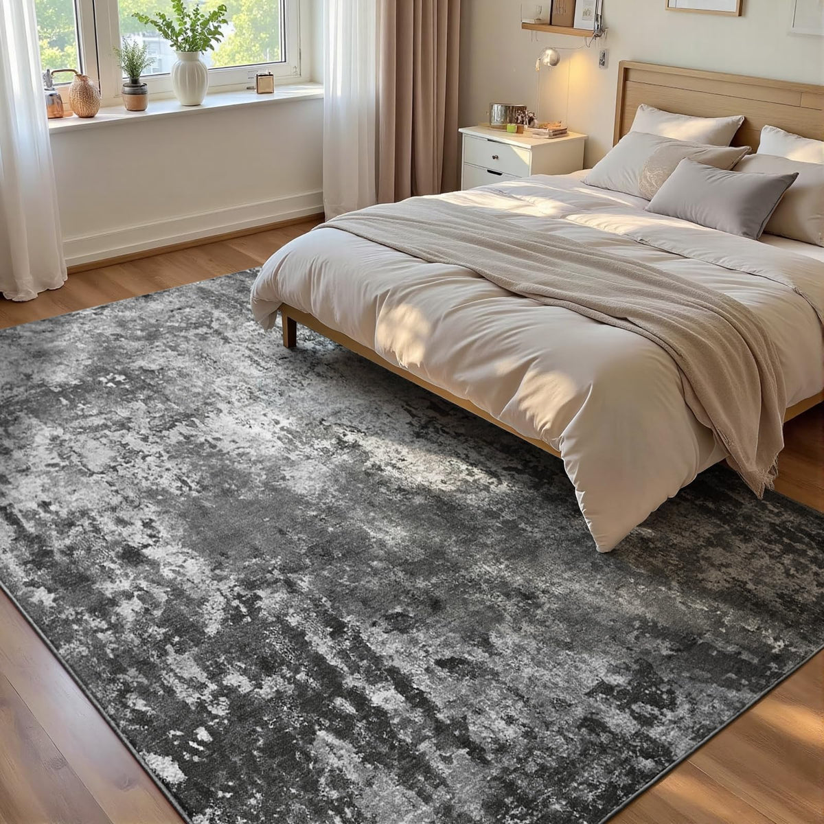Living Room Rug 5x7 Gray Area Rug Machine Washable Boho Rug Non Slip Abstract Vintage Indoor Large Rugs for Bedroom, Classroom, College Dorm, Farmhouse, Dining Room, Kids Playroom