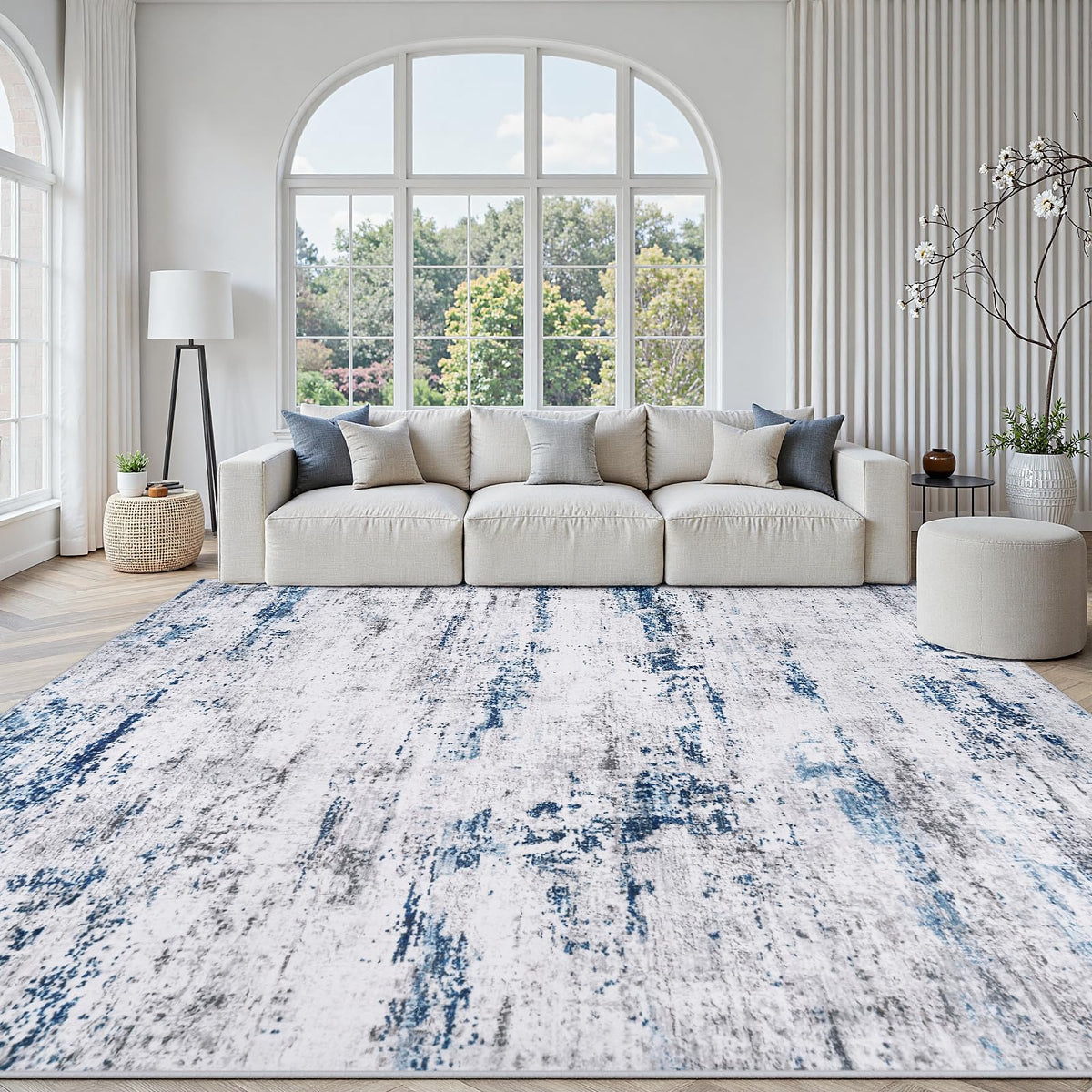 5x7 Area Rugs for Living Room Large Washable Abstract Rug White Gray Blue