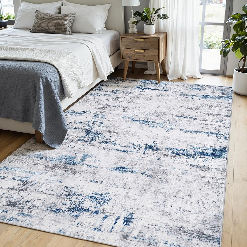5x7 Area Rugs for Living Room Large Washable Abstract Rug White Gray Blue