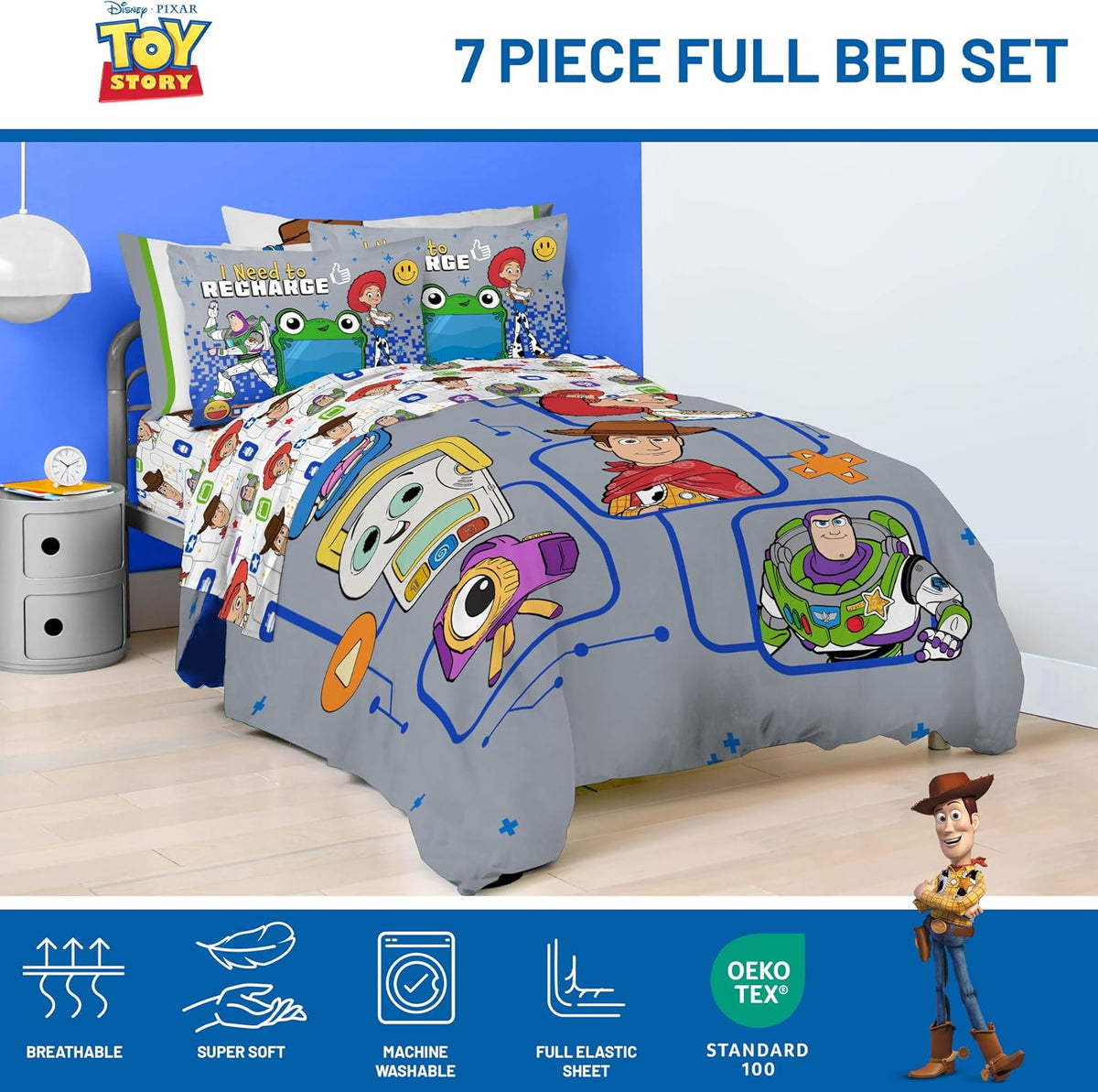 Jay Franco Kids Comforter Set Includes Sheets and Pillow Covers - Soft and Cozy Bed Set for Stylish Room Decor, Official Licensed Bedding, Grey - Toy Story, 7 Piece Full