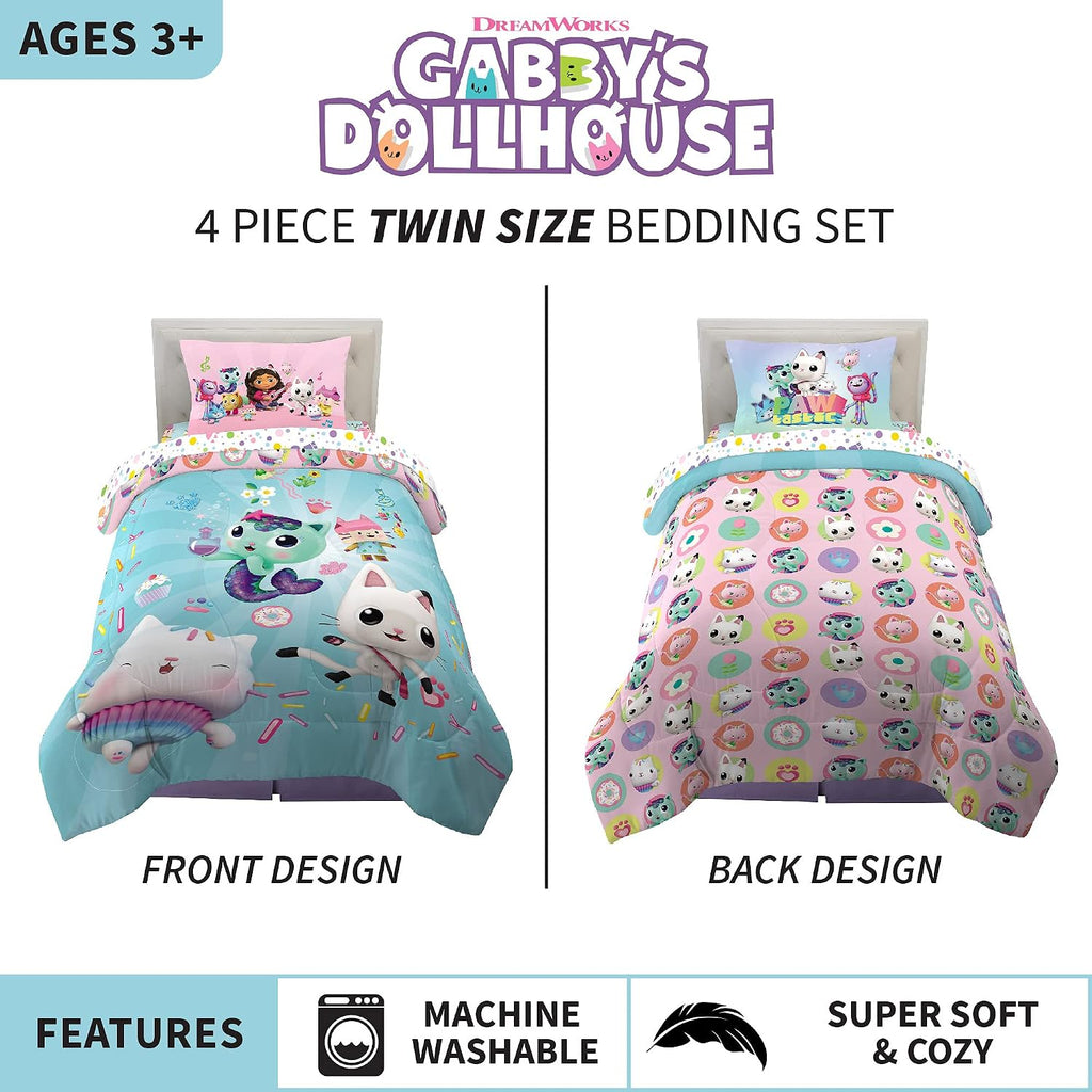 Franco Gabby's Dollhouse Kids Bedding Super Soft Microfiber Comforter and Sheet Set, 4 Piece Twin Size, (Officially Licensed Product)