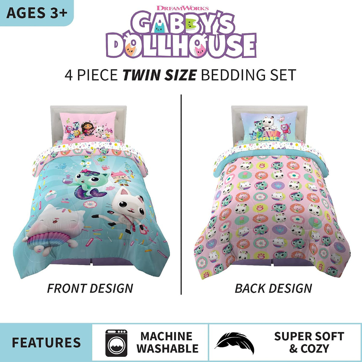 Franco Gabby's Dollhouse Kids Bedding Super Soft Microfiber Comforter and Sheet Set, 4 Piece Twin Size, (Officially Licensed Product)