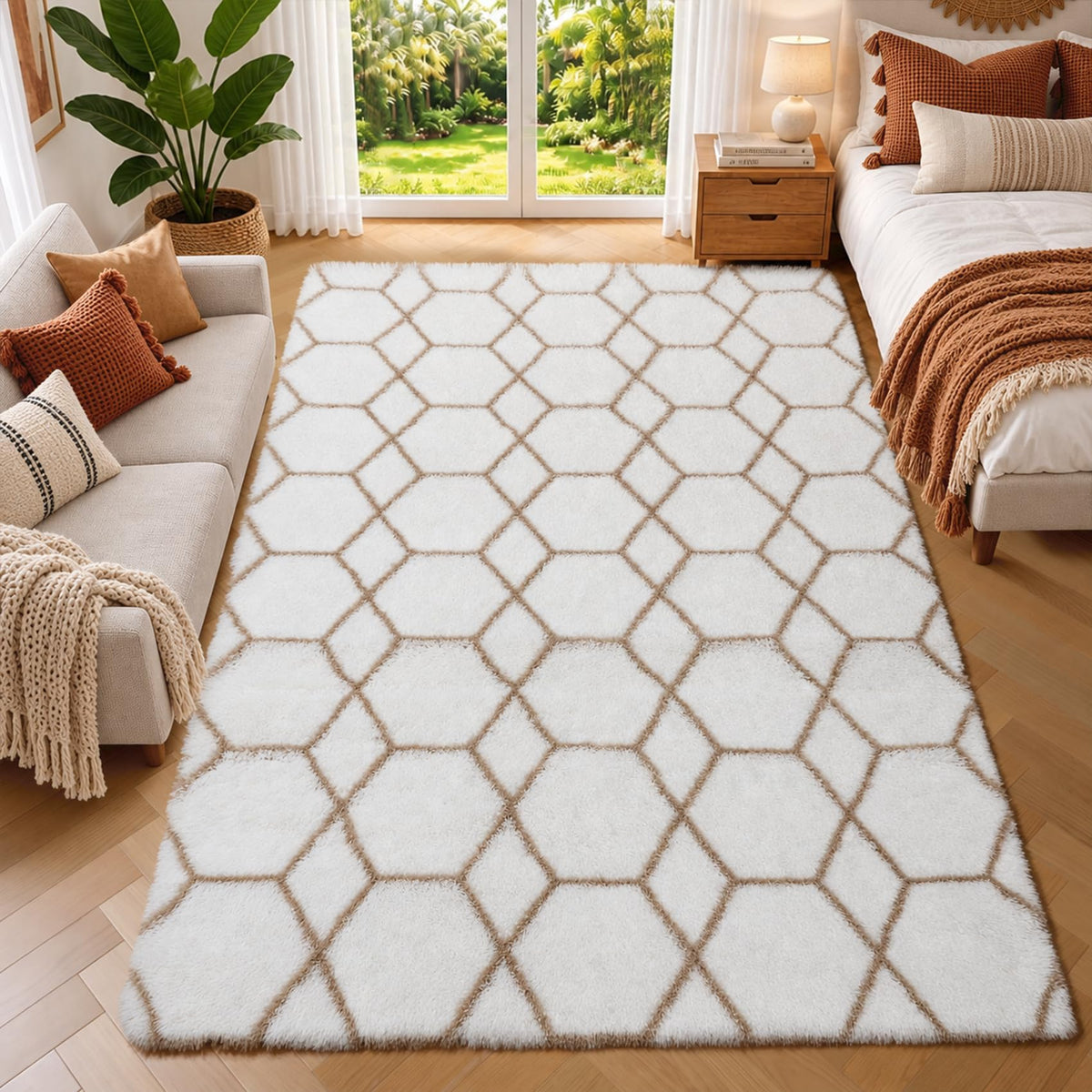 Area Rugs for Bedroom Living Room, 4x6 Fluffy Grey and Black Geometric Rug