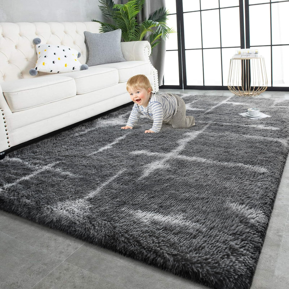 TWINNIS Super Soft Shaggy Rugs Fluffy Carpets, 4x5.9 Feet, Indoor Modern Plush Area Rugs for Living Room Bedroom Kids Room Nursery Home Decor, Upgrade Anti-Skid Rectangular Fuzzy Rug, Grey