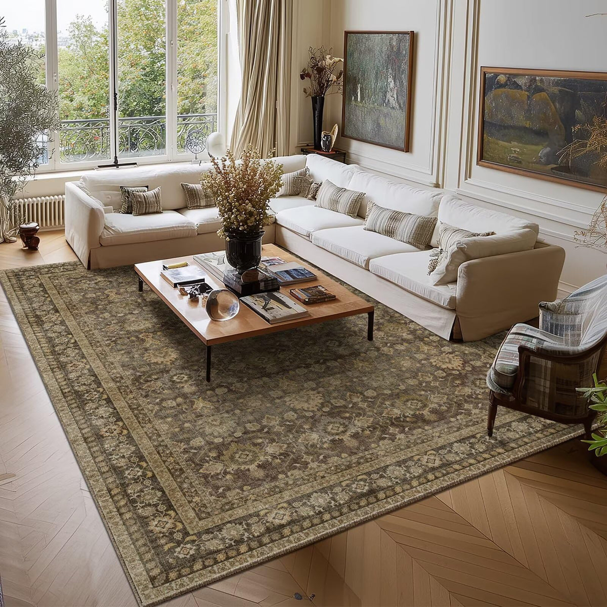 Washable 10x14 Area Rugs for Living Room, Ivory/Sage Gold
