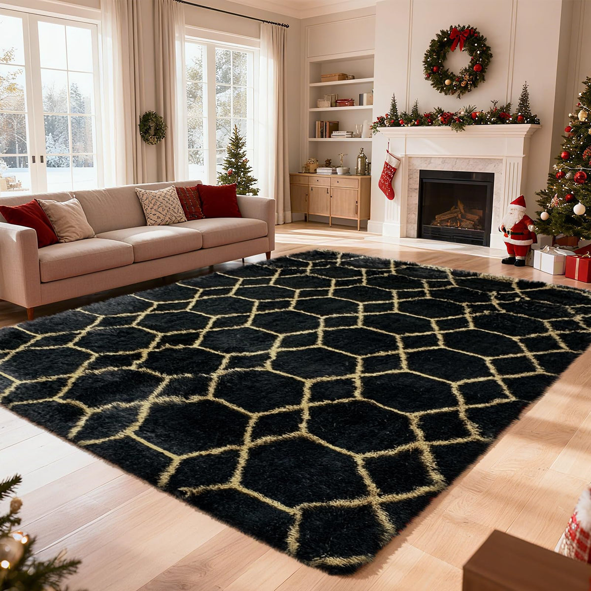 5x8 Shag Area Rug for Bedroom,Grey and Black Fluffy Rugs for Living Room