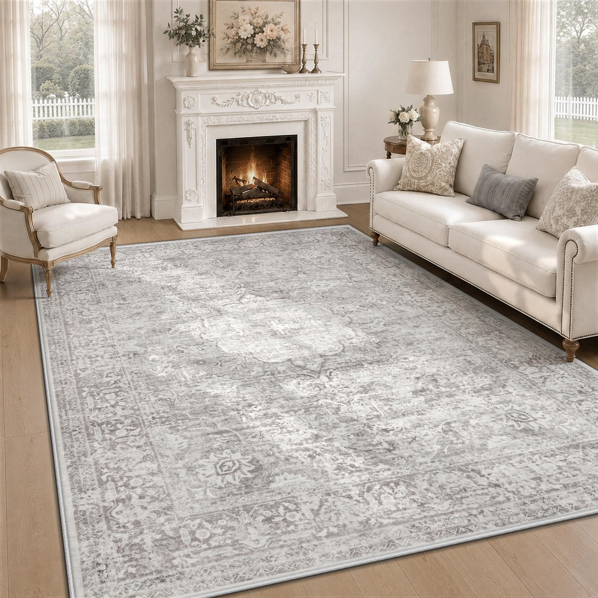 5x7 Area Rugs for Living Room: Washable Boho Vintage Floral Rug Soft Non-Slip Rugs Stain Resistant Low Pile Indoor Carpet for Bedroom Dining Room Nursery Playroom Beige