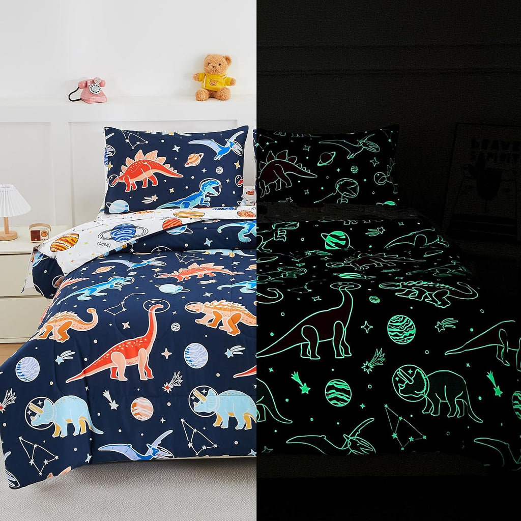 A Nice Night 5pc Glow in The Dark Dinosaur Kids Queen Comforter Sets