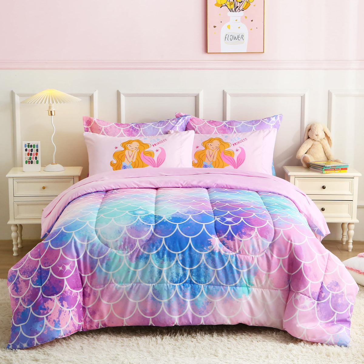 lasoftan Kids' Monster Truck Bedding Set, 7-Piece Soft Fluffy Bed-in-a-Bag with Comforter, Fitted Sheet, Flat Sheet, Pillowcase, Pillow Sham, Deep Pocket 15", All-Season, Monster Jam, Full