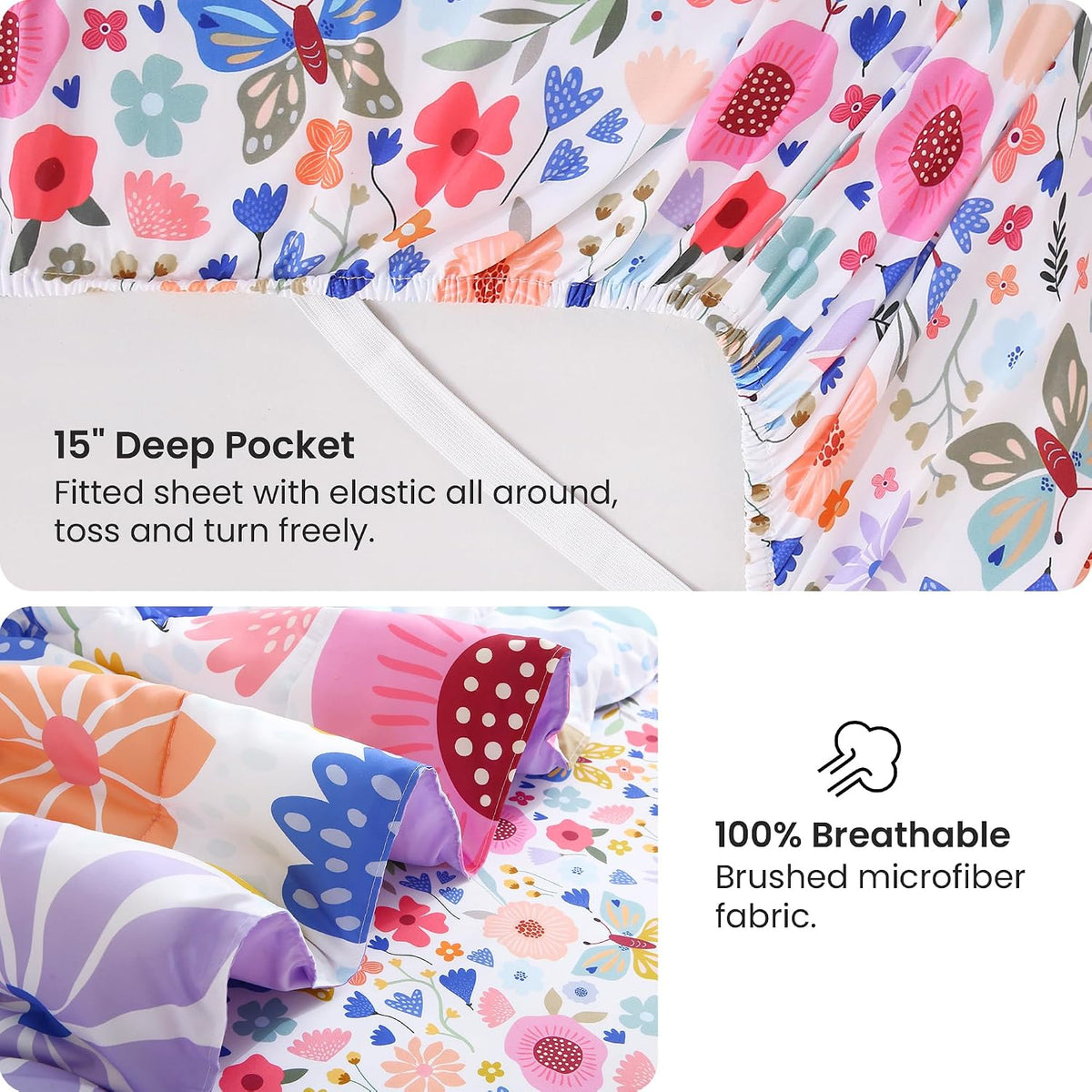 Mooreeke Twin Size Comforter Sets for Girls Kids, 6 Pieces Bed in a Bag Purple Floral Butterfly Bedding Comforter Sheet Set with Shams and Decorative Toy Pillow, Ultral Soft Microfiber Kids Bed Set