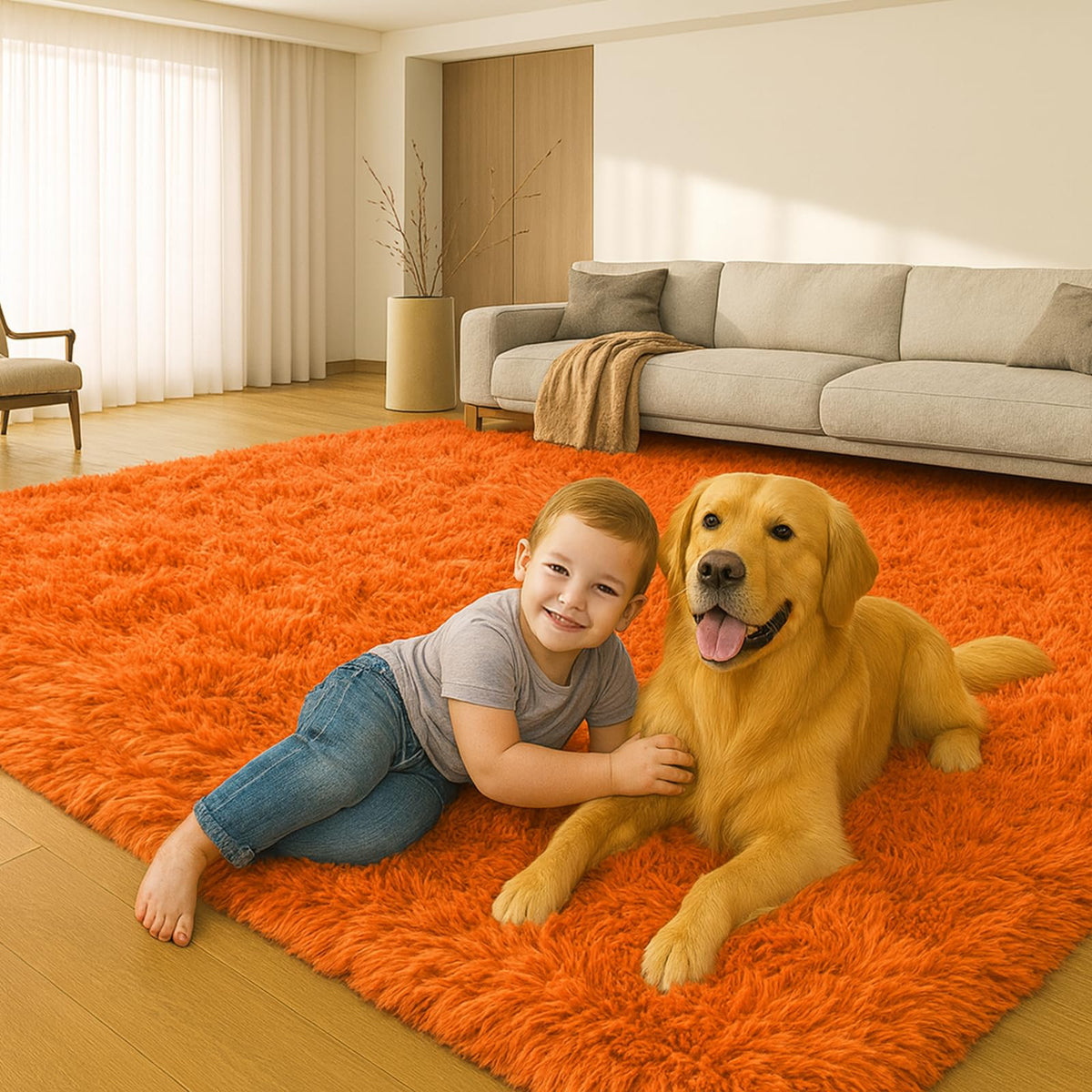 8x10 Cream Fluffy Shag Area Rug, Non-Slip Soft Carpet for Home