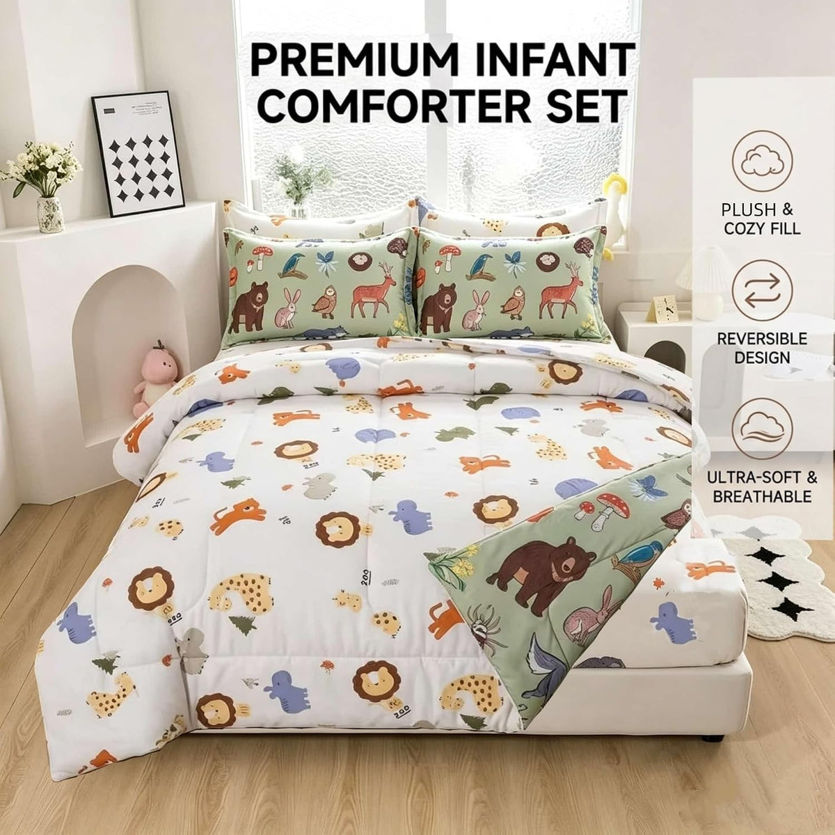 lishjekee 5Pieces Animal Comforter Twin for Kids Wild Animal Bedding Set Bed in A Bag Forest Wildlife Comforter and Sheets Set for Boys Girls Jungle Bear Wolf Deer Bed Set Home Decor