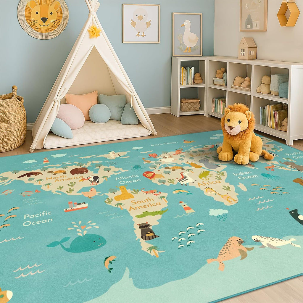 Hazo Haus Washable Kids Playroom Rug – 5x7 Play Rug for Preschool Toddlers, Girls, Educational with Cute Animals – Non-Slip, Stain Resistant, Soft & Safe for Bedroom, Play Room and Classroom - Blue