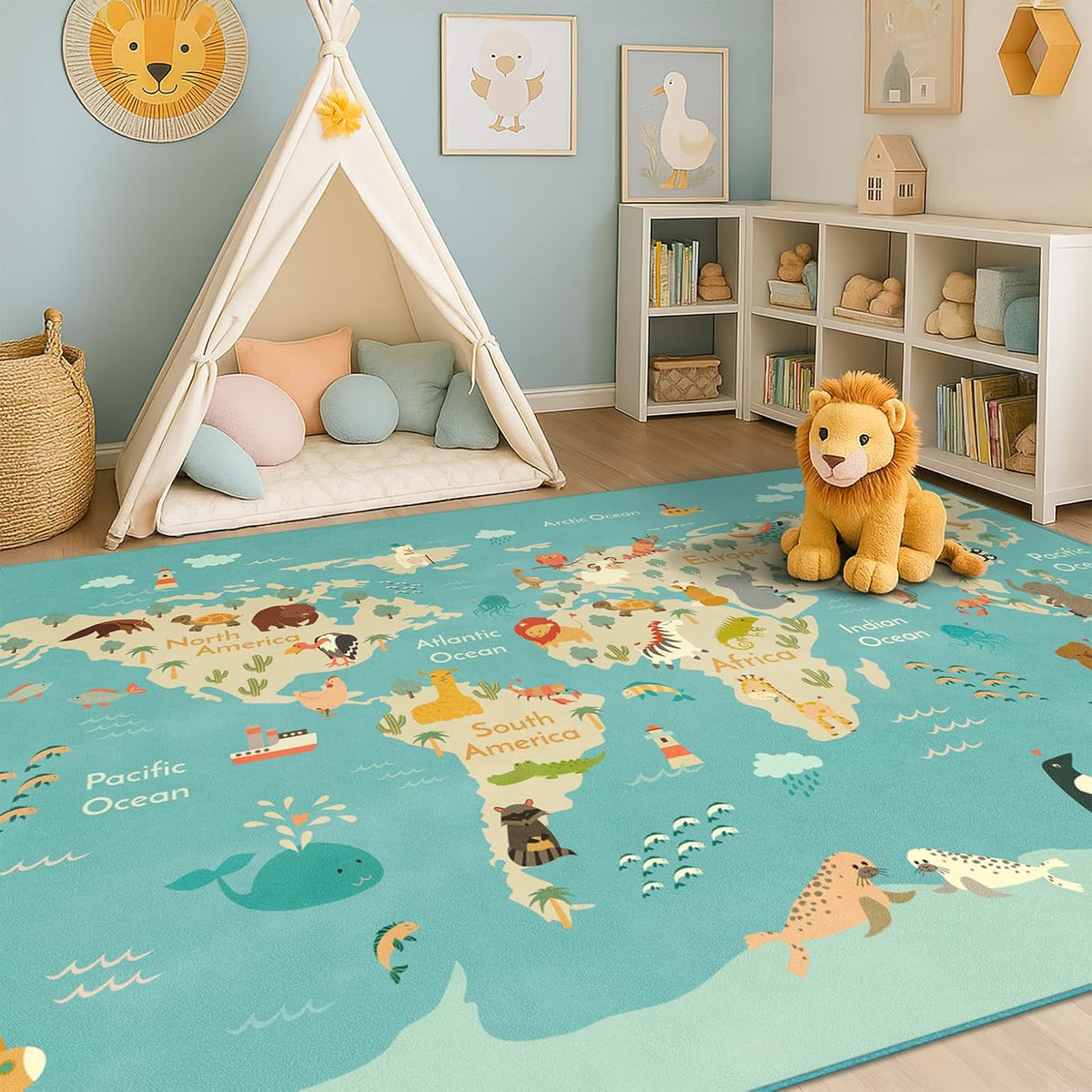 Hazo Haus Washable Kids Playroom Rug – 5x7 Play Rug for Preschool Toddlers, Girls, Educational with Cute Animals – Non-Slip, Stain Resistant, Soft & Safe for Bedroom, Play Room and Classroom - Blue