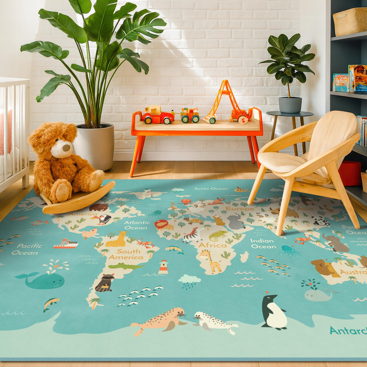 Hazo Haus Washable Kids Playroom Rug – 5x7 Play Rug for Preschool Toddlers, Girls, Educational with Cute Animals – Non-Slip, Stain Resistant, Soft & Safe for Bedroom, Play Room and Classroom - Blue
