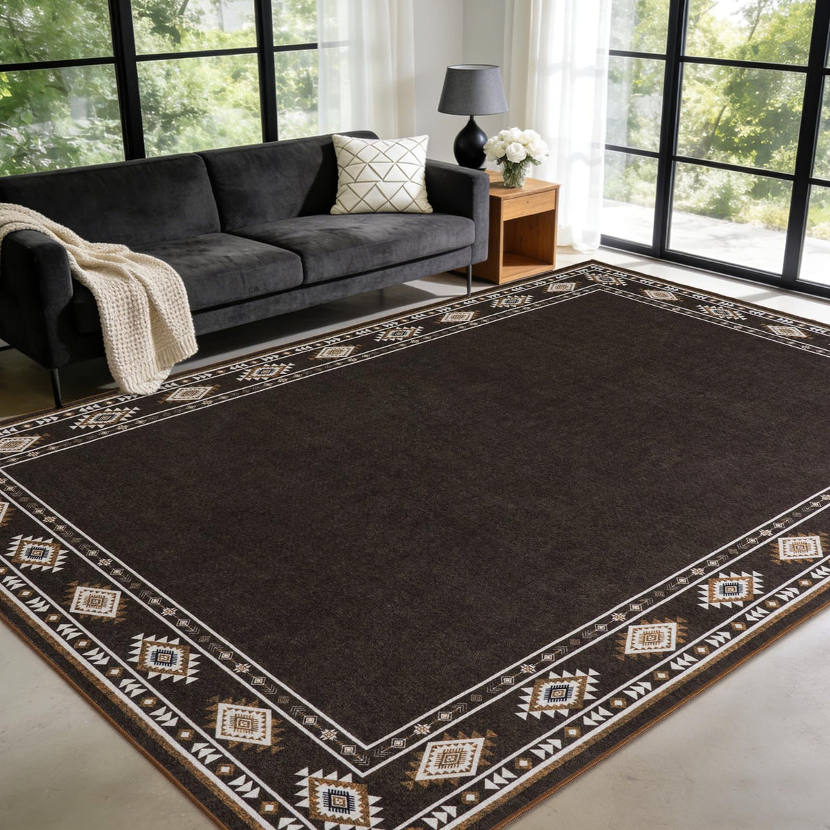 Large Geometric Area Rugs for Living Room Bedroom 4x6 Dark Grey Rug