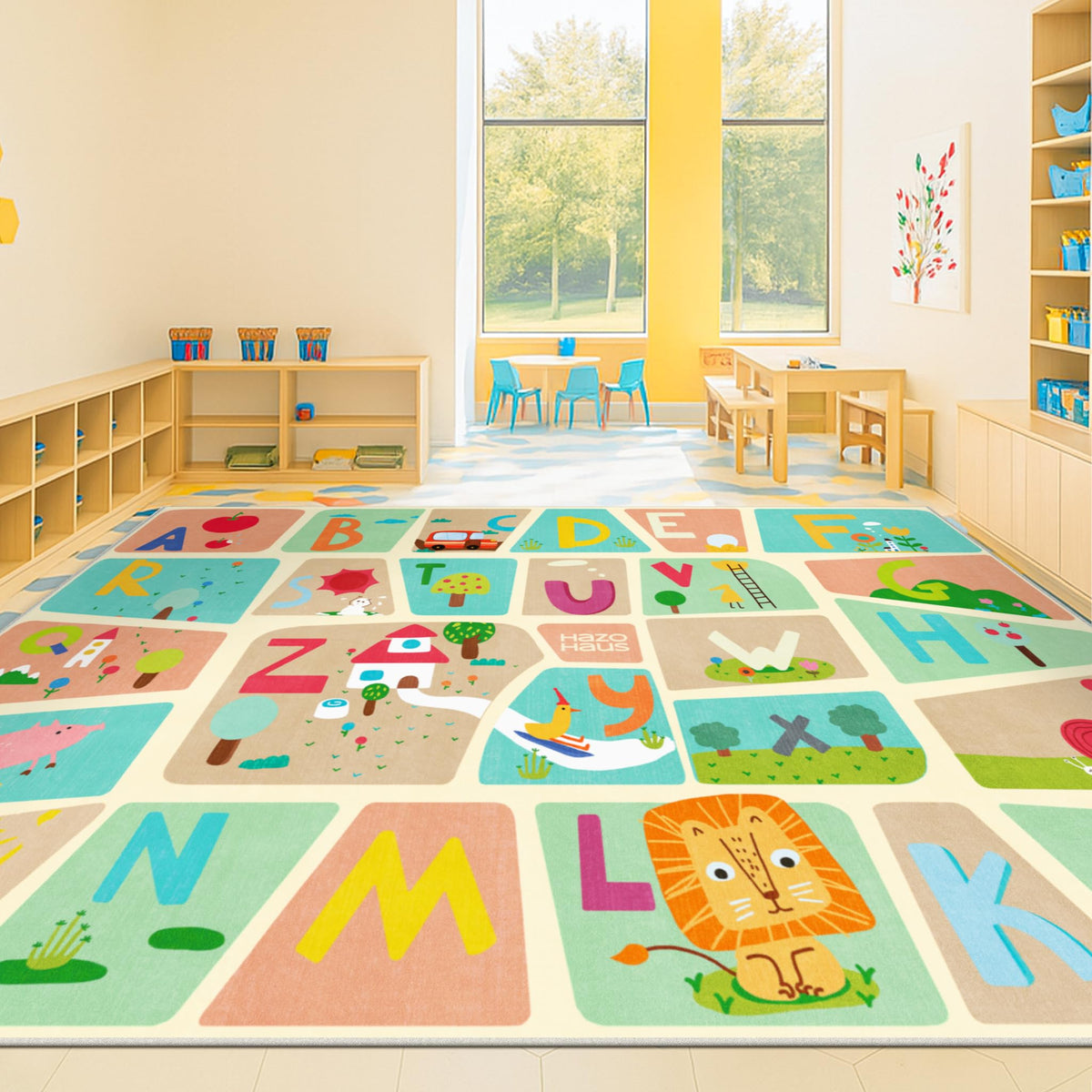 Hazo Haus Washable Kids Playroom Rug – 5x7 Play Rug for Preschool Toddlers, Girls, Educational with Cute Animals – Non-Slip, Stain Resistant, Soft & Safe for Bedroom, Play Room and Classroom - Blue