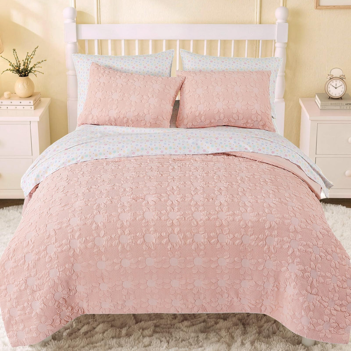 Twin XL Comforter Set for Girls - 5 Pieces Pink Floral Bed in a Bag