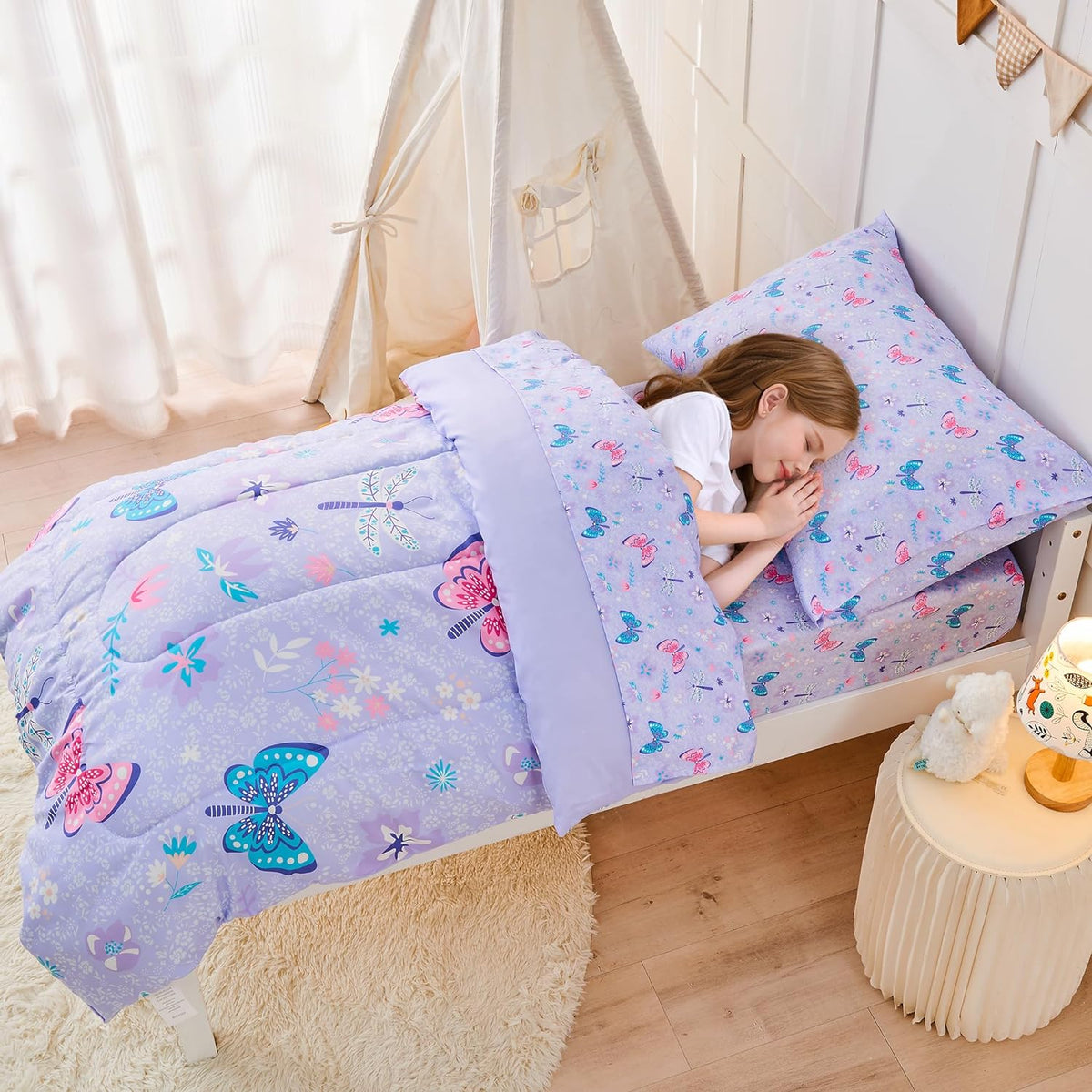 lasoftan Butterfly Toddler Bedding Set for Girls, 4 Piece Bed-in-a-Bag Toddler Comforter Sets, Super Soft Comforter Sheet Set and Comfortable Microfiber Toddler Bed Set