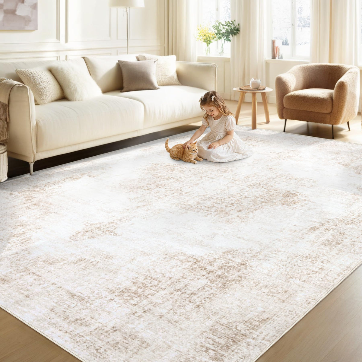 Area Rug 5x7 Vintage Rugs: Washable Living Room Rug Retro Medallion Distressed Large Rug Soft Low Pile Non-Slip Rugs Indoor Floor Carpet for Bedroom Kitchen Nursery Dining Table Office (Beige/Brown)