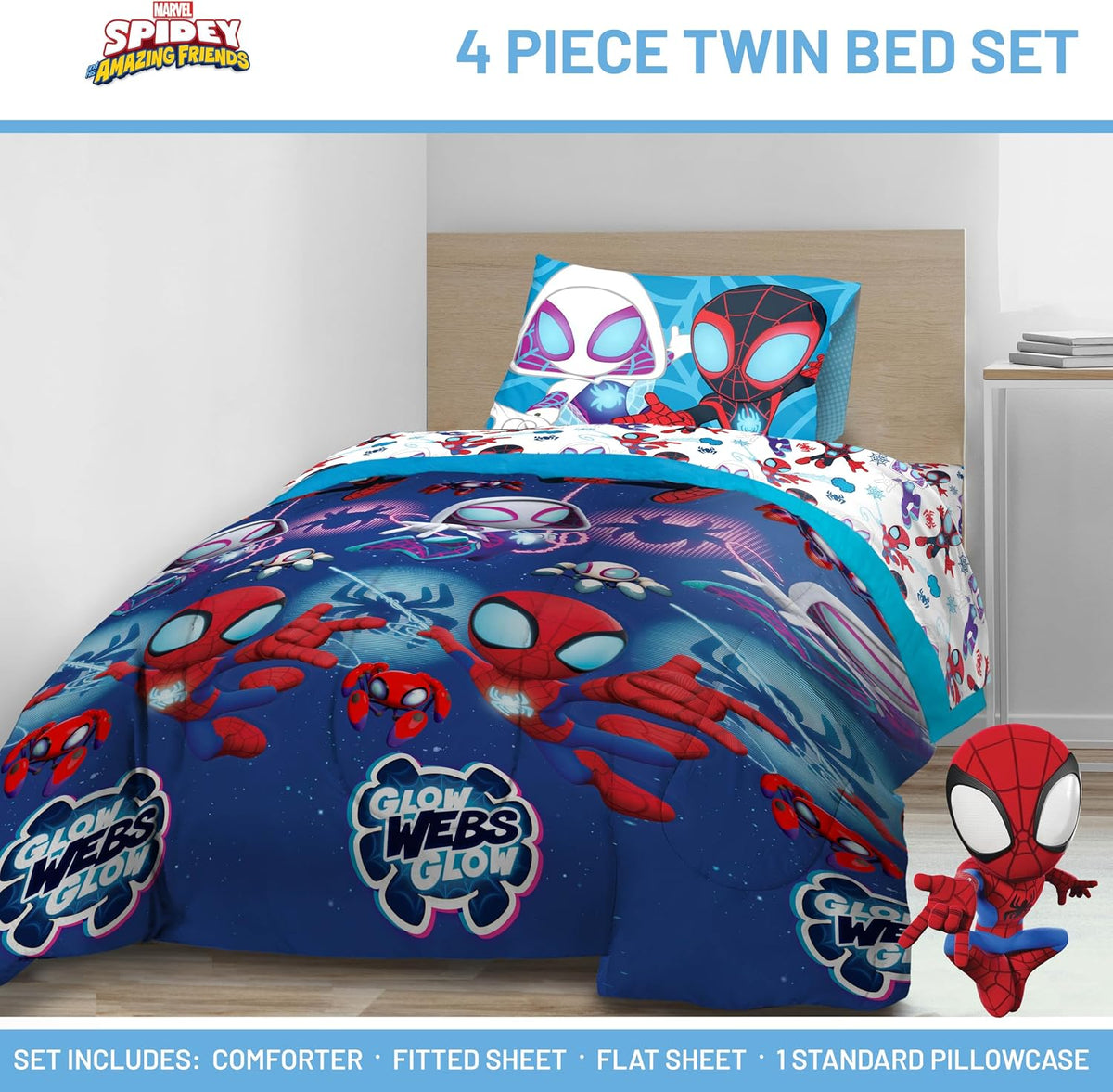 Jay Franco Marvel Spidey & His Amazing Friends Twin Size Comforter Set - 4 Piece Includes Sheet Set, Pillow Covers & Bonus Duffle Bag - Super Soft Kids Bedding with Ghost Spider and Miles Morales