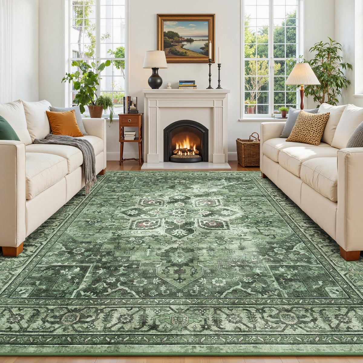 Sage Green 8x10 Area Rug for Living Room, Vintage Boho Large Carpet