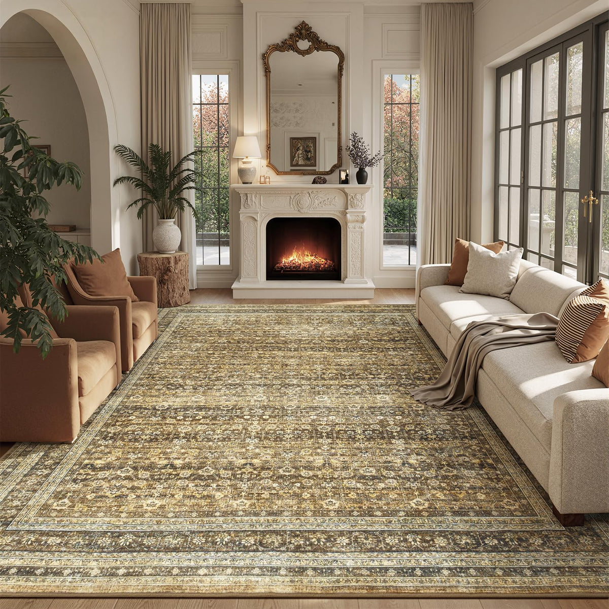 Sage Green 8x10 Area Rug for Living Room, Vintage Boho Large Carpet