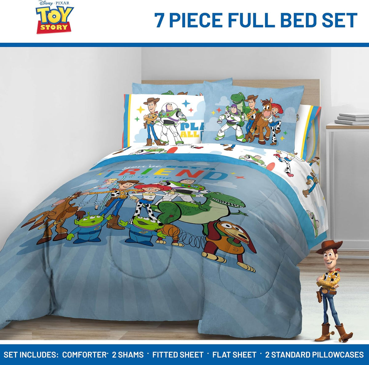 Jay Franco Kids Comforter Set Includes Sheets and Pillow Cover - Soft and Cozy Bed Set for Stylish Room Decor, Blue - Toy Story, 7 Piece Full