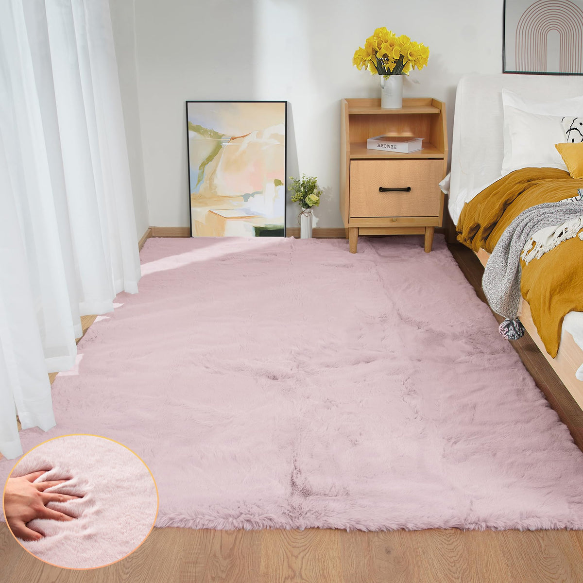 ORINOVA Beige Faux Sheepskin Rabbit Fur Shaggy Rugs for Bedroom Small Shag Washable Fluffy Fur Rug for Living Room Rug 2x3 Nursery Rectange Rugs